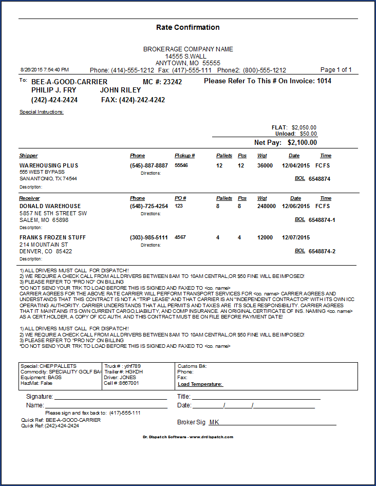 freight broker rate confirmation